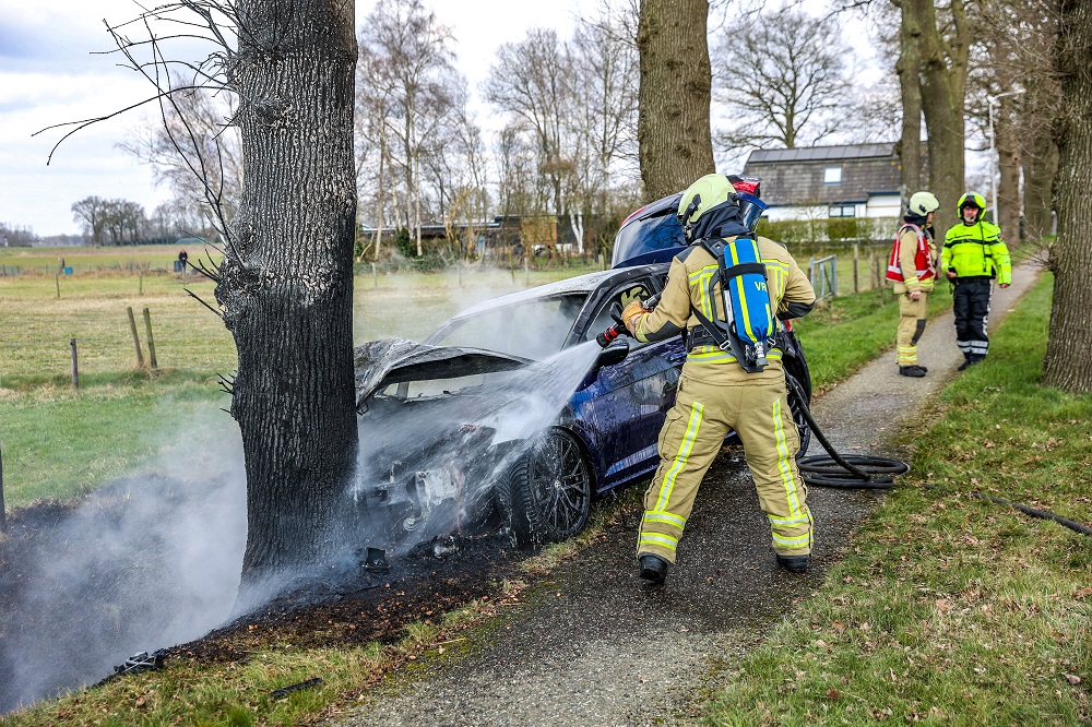 Auto knalt tegen boom en vliegt in brand