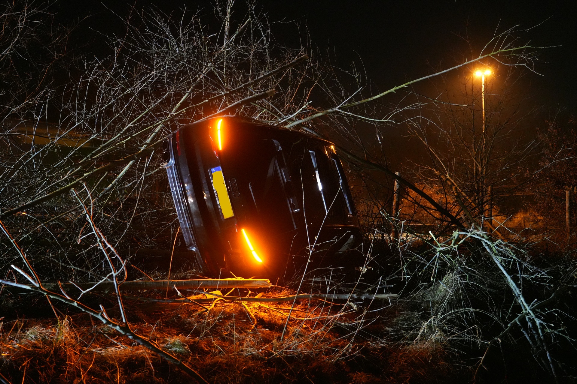Auto crasht op snelweg en ramt hekwerk en bomen