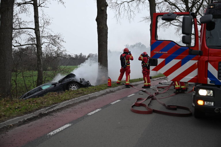 Auto vliegt in brand na crash tegen boom