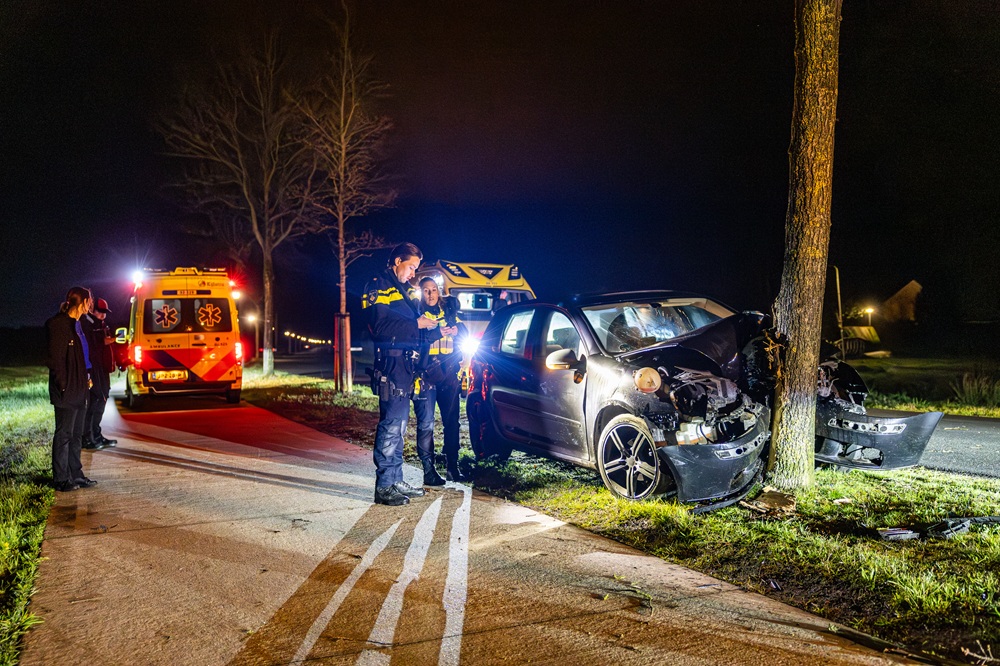 Auto zwaar beschadigd na botsing tegen boom
