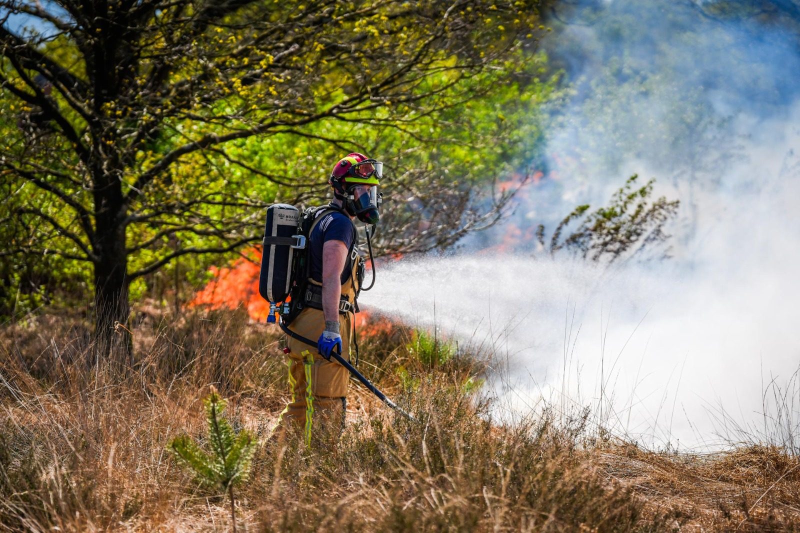 Wildland firefighter in helmet and respirator fights a grass fire, standing among dry brush with smoke in the air.