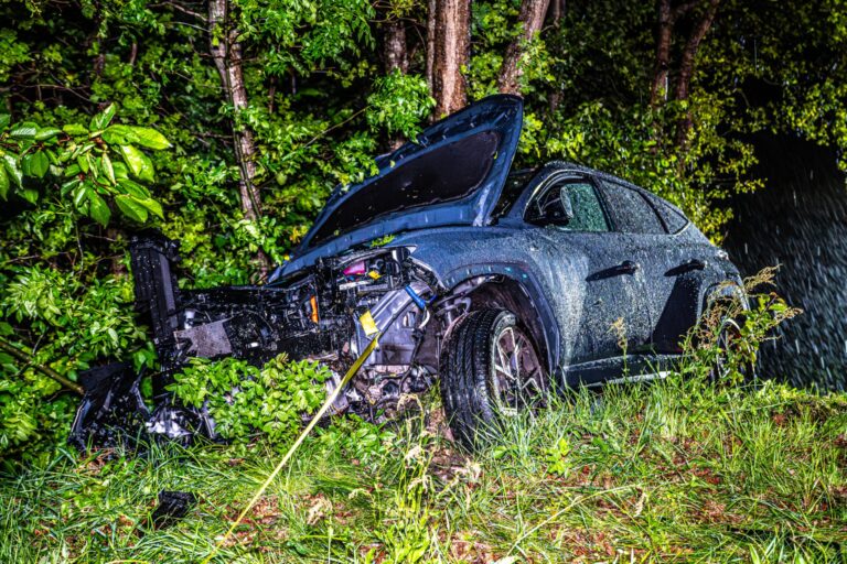 Auto raakt van snelweg en botst tegen boom
