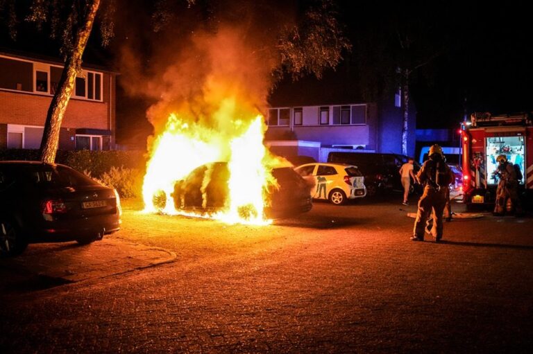 Elektrische auto in lichterlaaie, wrak ondergedompeld