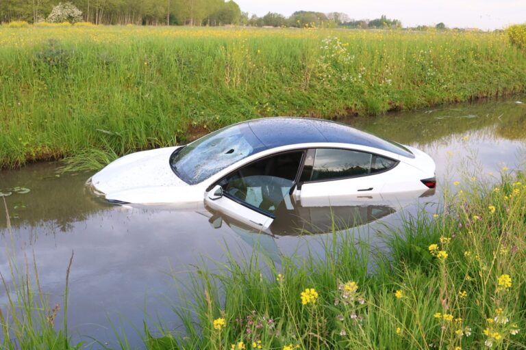 Tesla raakt van snelweg en belandt in sloot