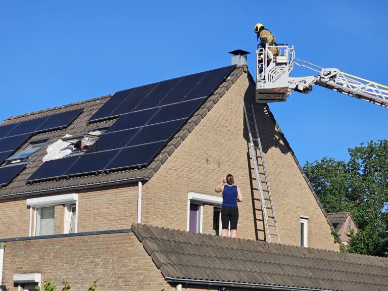 Poes onder zonnepanelen weggehaald met ladderwagen