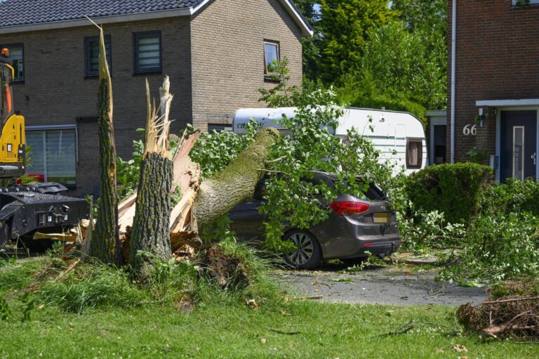 Boom valt op auto en caravan na noodweer