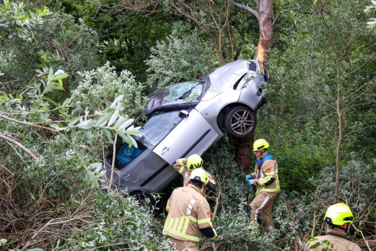 Auto raakt van de weg en komt rechtop tegen boom tot stilstand