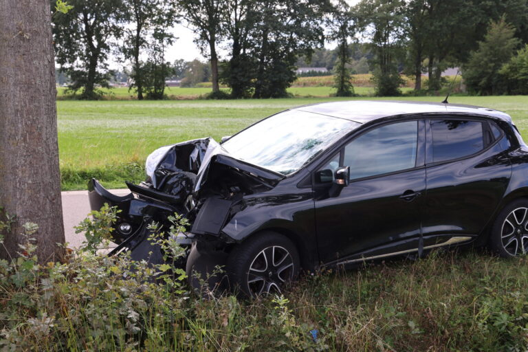 Auto met volwassene en twee kinderen botst tegen boom