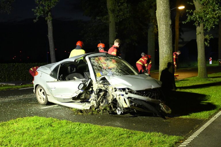 Auto zwaar beschadigd na botsing tegen boom, bestuurder gewond